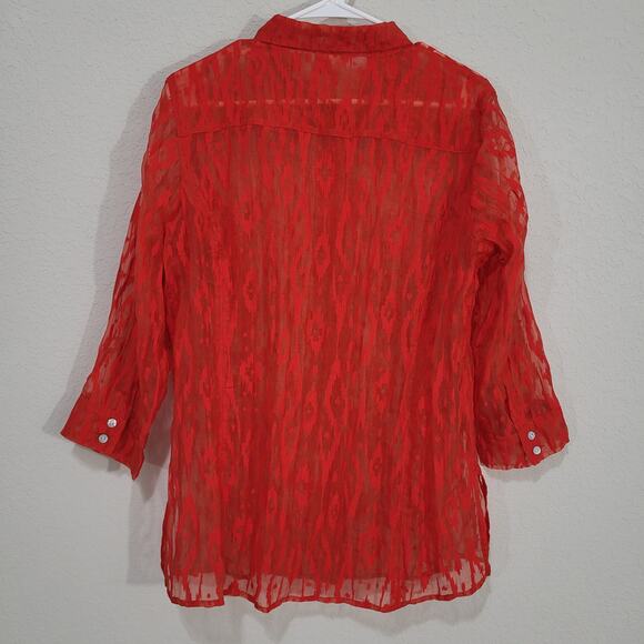 Chicos Womens Shirt Size Chicos 2 Standard Large 12 Red Button Front Sheer - Picture 2 of 13